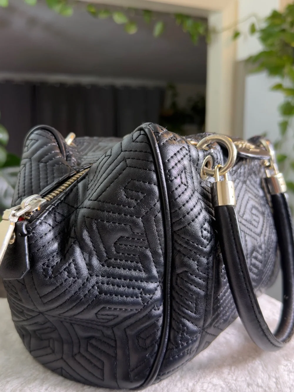 Guess Geometric Quilted Barrel Satchel Bag Black 3D Cube Top Handbag Purse